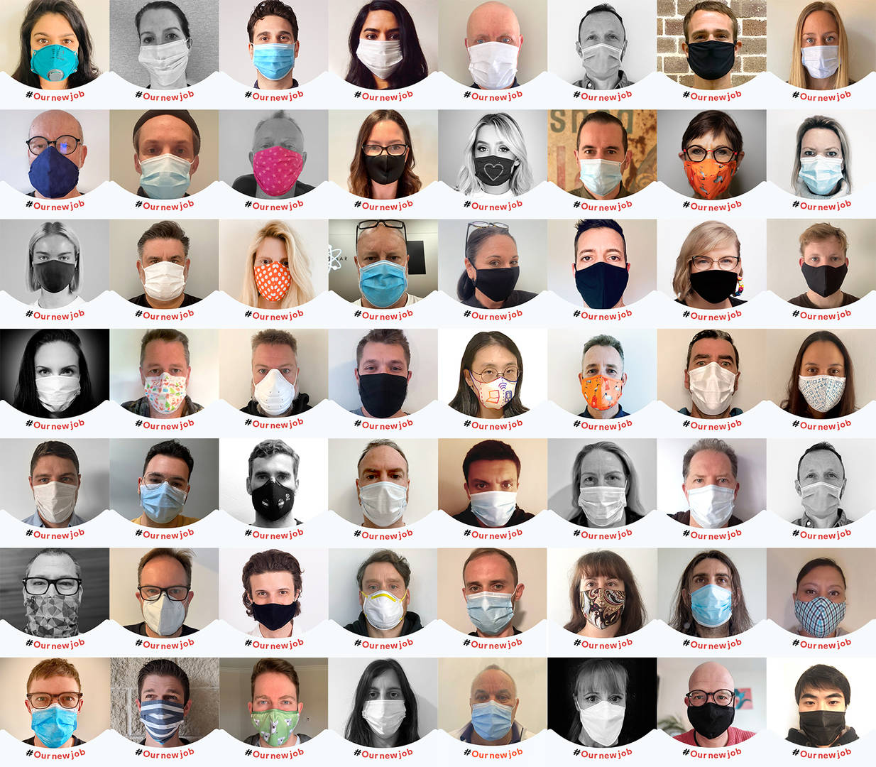 Photo of many people wear a mask for Our New Job campaign